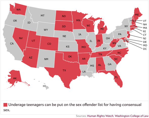 States in which under-age sex is punishable with sex offender status